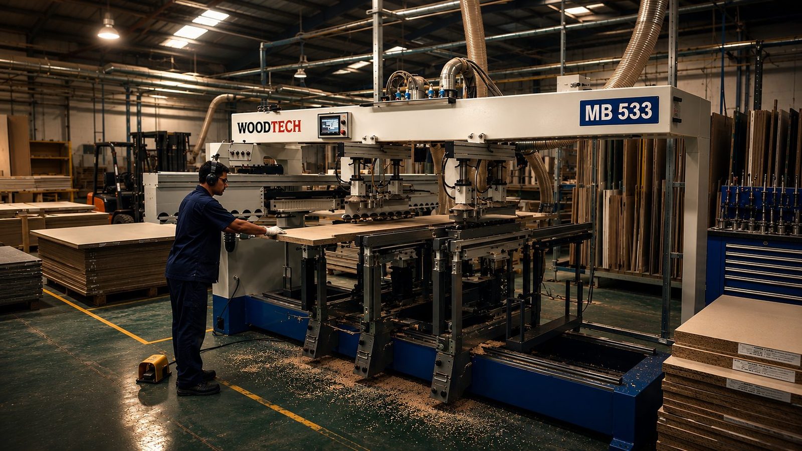 Woodtech MB 533 multi-head borer drilling a panel