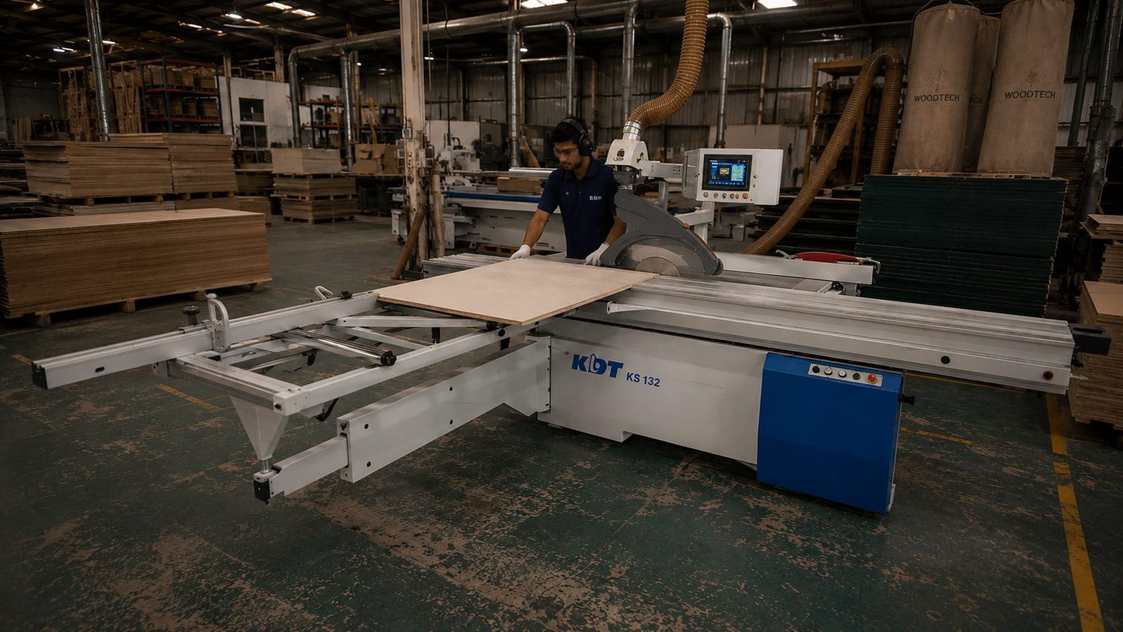 KDT KS 132 sliding panel saw cutting a panel on the Nest factory floor