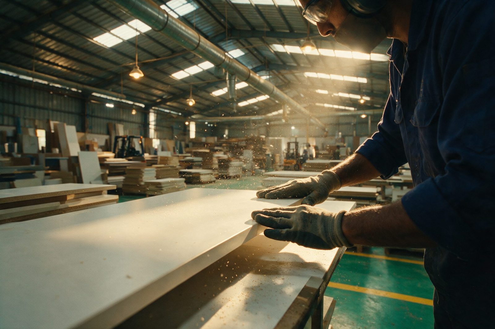 A Nest maker checking the edge of a freshly cut panel on the factory floor